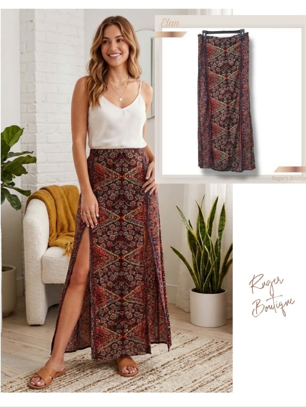 🌿Elan Women's Medium Boho Patterned Front Split Panel Maxi Skirt-CUTE!!